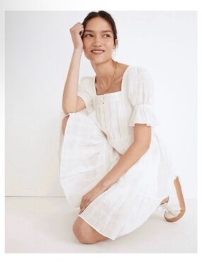 Madewell White Square-Neck Midi Dress with Puff Sleeves